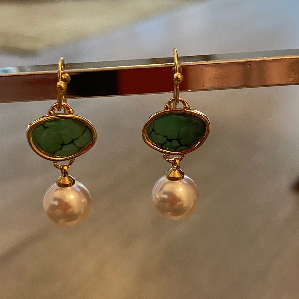 18kt gold plated drop earrings turquoise with pear drop. jewelry a hanging loop - Picture 8 of 11